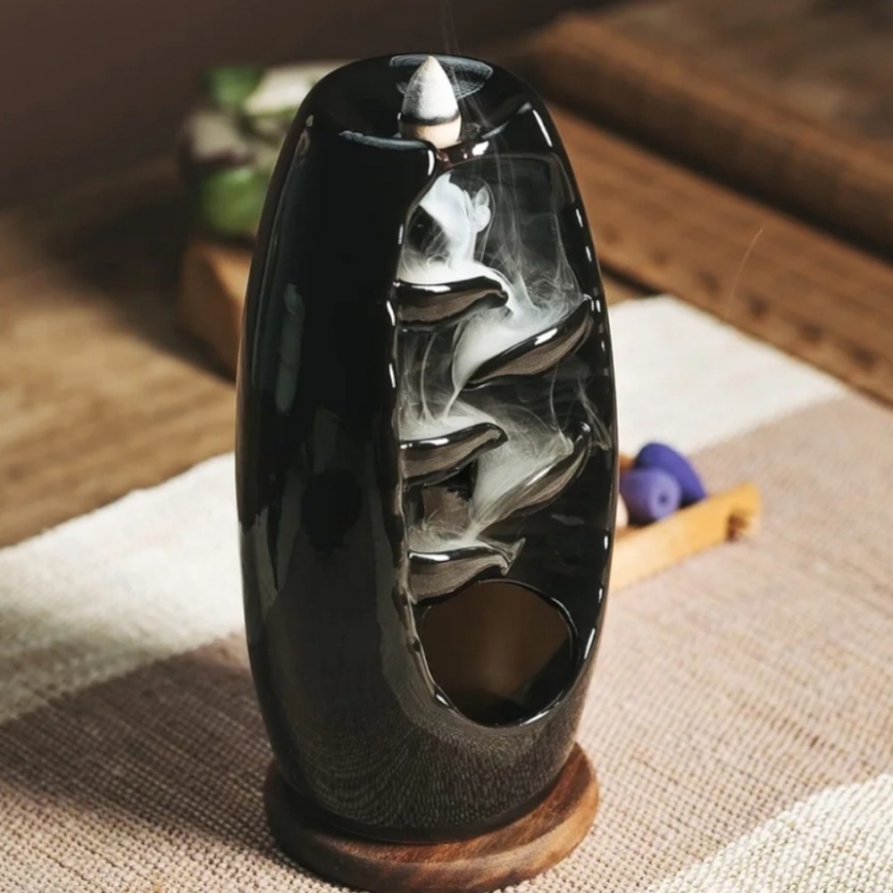 Black Ceramic Backflow Incense Burner Waterfall Smoke Fountain Zen Home Decor
